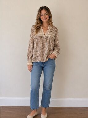 Boho Paisley Lace-Trim Blouse in Beige by Tamarah H